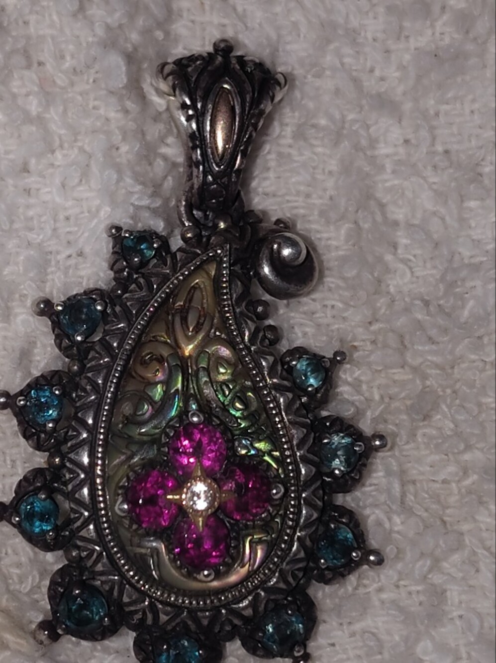 Ornate Teardrop Pendant Necklace with Pink and Teal Gemstones